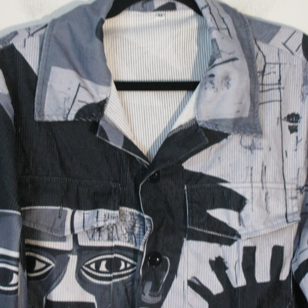 * Unbranded Blue Corduroy Button Up Shirt Medium New NWOT Ethnic Tribal Gray - Picture 2 of 5